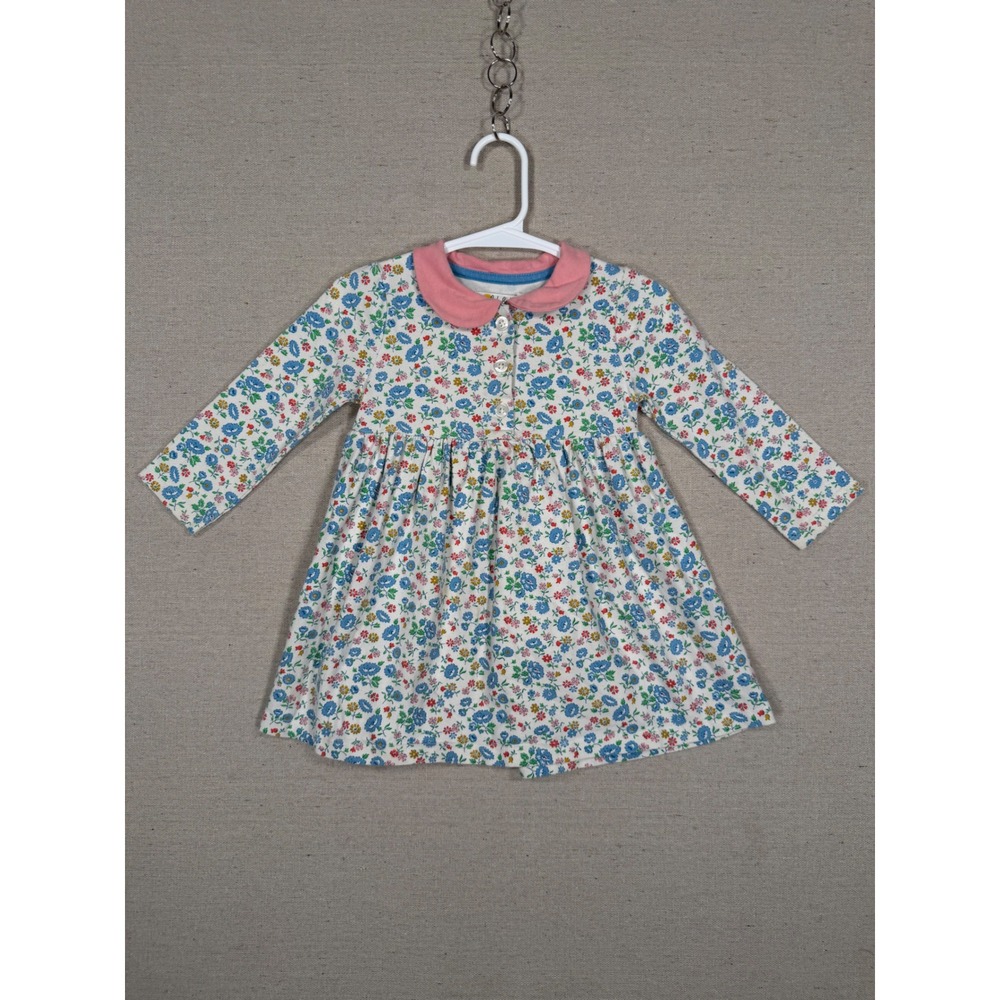 Baby Boden Girls Floral Long Sleeve Peter Pan Collar Dress White Pink 6-12M